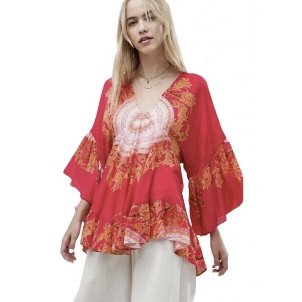 Women's Free People Red Floral Boho V-Neck Ruffle Bell Sleeve Tunic Size M